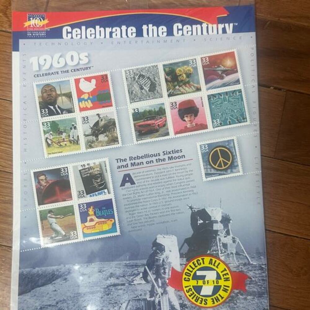 US Stamps Celebrate the 1960s Sealed NIP Stamp Set Beatles, Woodstock
